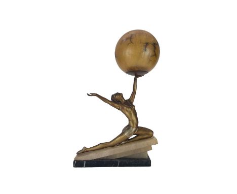 An Art Deco gilt spelter figural table lamp. Possibly Lorenzl modelled as a female dancer on an onyx and marble base with an 