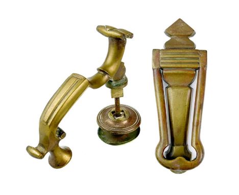 An early 20th century brass foliate scroll door knocker..  Length 15.5cm together with another early 20th century brass door 