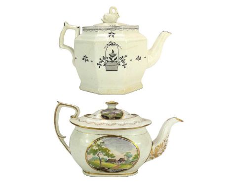 A rare porcelain teapot and cover, probably Herculaneum. Circa 1805, of octagonal shape, with swan finial and monochrome flor