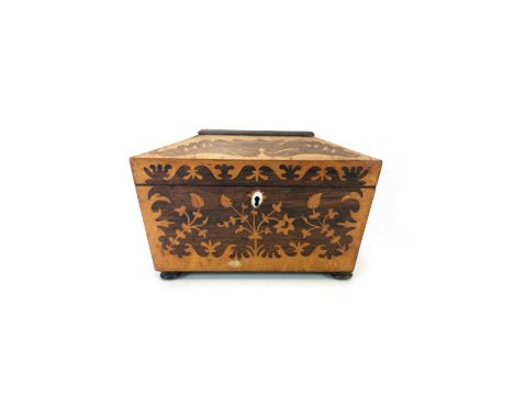 A Victorian satinwood and rosewood inlaid tea caddy. Of sarcophagus shape, with twin lidded compartments, height 16cm, width 