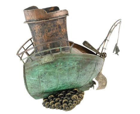 Michael Johnson Newlyn Copper Works.  A copper 'NEWLYNEWLYN PZ36' fishing trawler on a bronze wave scroll stand, impressed ma