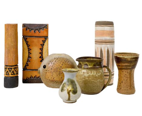 A collection of studio pottery.  To include; Two Kolonyama pottery vases, one cylindrical, height 24cm, another rectangular, 