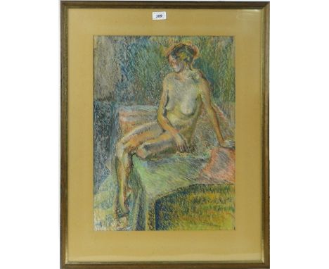 Mid 20th century oil on canvas, stylised portrait of a woman, unsigned, 16" x 12" and P E Adams, pastels, female nude, both f