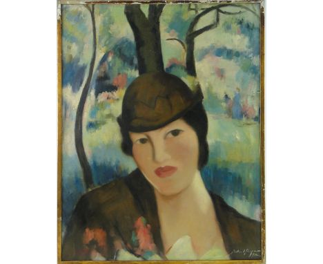 Oil on canvas, portrait of a woman, 36" x 28", framed.