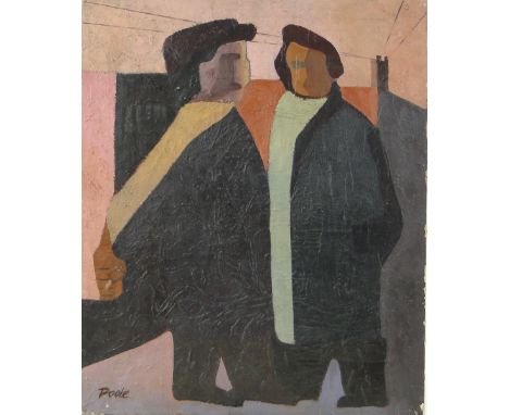 George Poole,
oil on canvas, abstract workmen, signed, 24" x 20", together with 2 unstretched oils on canvas by the same hand