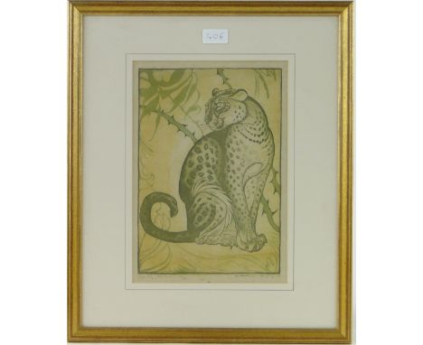 E M Henderson,
lithograph, leopard by a thorn bush, signed in pencil, 12" x 8.5", no. 14/20 and owls by the same hand, (proof