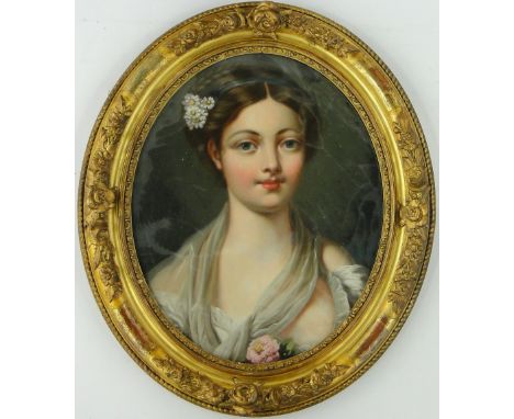 19th century oval oil on board, head and shoulders portrait of a girl, unsigned, 16" x 13", framed.