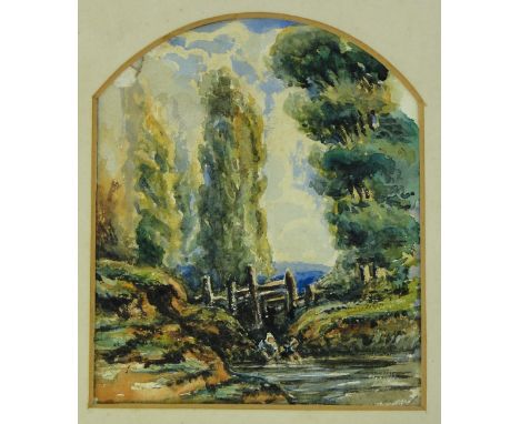 Circle of John Constable
19th century watercolour, washer women at the river, unsigned, 6" x 5", mounted with old label verso