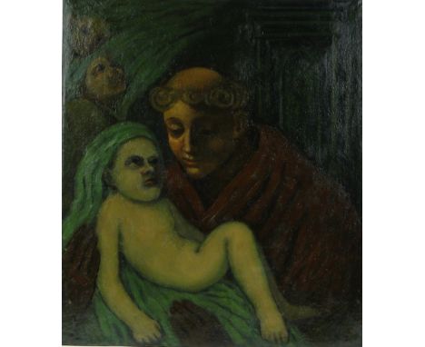 Oil on board, Classical portrait- monk and child, unsigned, 32" x 28", unframed.