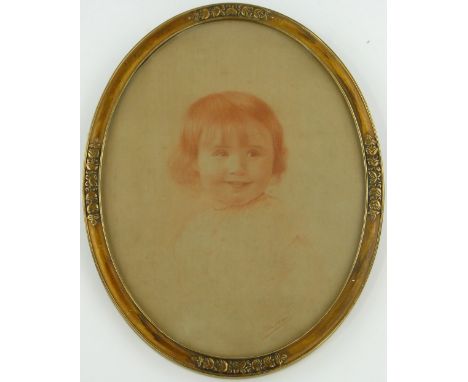 19th century sanguine chalk drawing, portrait of a young girl, indistinctly signed, 15.5" x 11.5", framed.