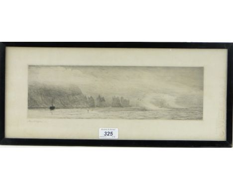 Harold Wyllie (1880-1975),
etching, coastal scene, signed in pencil, p 4.25" x 13.75", framed.
