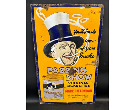 An unusual pictorial enamel sign advertising 'Passing Show' Virginia Cigarettes by Carreras, made by the Sur Enamel Works, Ca