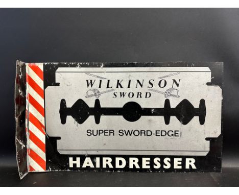 A Wilkinson Sword 'Hairdresser' double sided aluminium advertising sign, with hanging flange and barber's pole to one end, 22