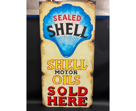 A contemporary and decorative painting on board in the style of an enamel sign advertising Shell Motor Oils, 24 x 48".