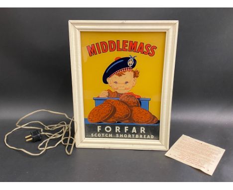 A Middlemass Forfar Scotch Shortbread illuminated advertising lightbox by Hervey &amp; Goodman Ltd, 9 1/4" w x 12 1/4 h x 6" 