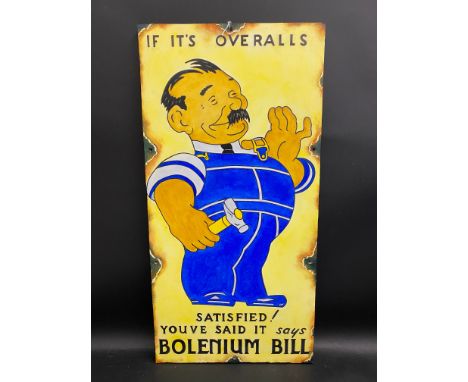 A contemporary and decorative painting on board in the style of an enamel sign advertising overalls, 15 x 30".