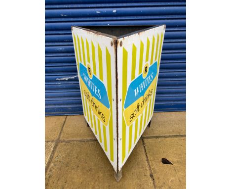 An R.Whites Soft Drinks enamel three sided litter bin, in good condition, 28 1/2" h.