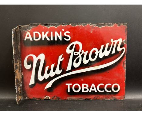 An Adkin's Nut Brown Tobacco double sided enamel sign with hanging flange, 13 x 9 1/2".