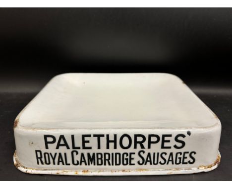 A very rare Palethorpes' Royal Cambridge Sausages enamel serving tray, with maker's initials for TE Co.