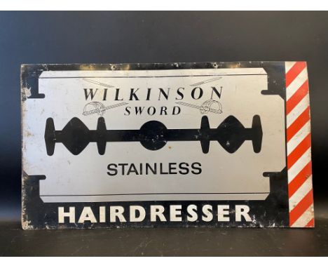 A Wilkinson Sword blades 'Hairdresser' double sided tin advertising sign with barber pole design to one end, 22 x 12 1/2".