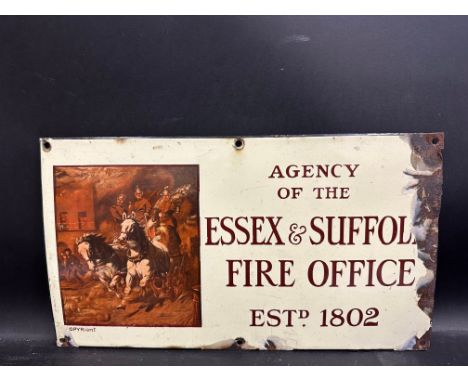 A rectangular enamel sign advertising the Agency of the Essex &amp; Suffolk Fire Office, 16 x 9".