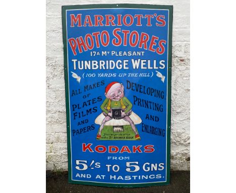 A rare pictorial enamel sign advertising Marriott's Photo Stores in Tunbridge Wells, also in Hastings, some professional rest