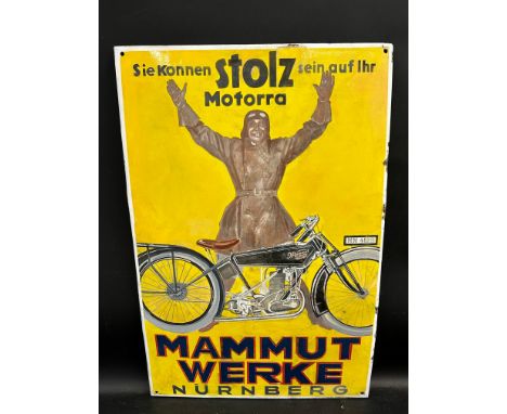 A very rare German pictorial motorcycling enamel sign, depicting a pre-war Mammut motorcycle, factory at Nurnberg, some resto