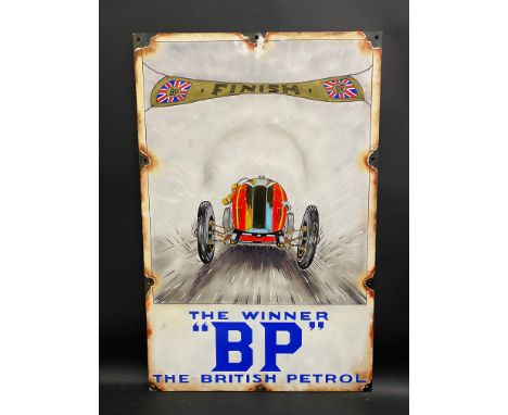 A contemporary and decorative painting on board in the style of an enamel sign advertising BP, 22 1/2 x 34 1/2".