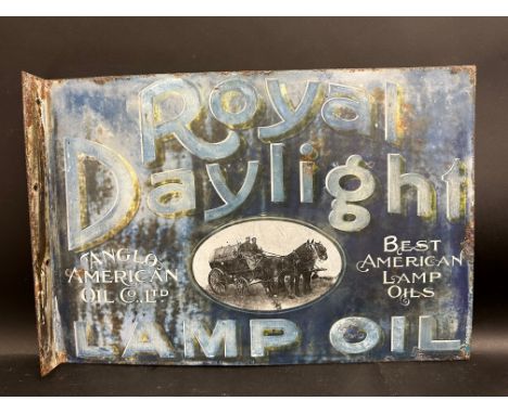 A Royal Daylight Lamp Oil double sided enamel sign with hanging flange and good image of a horse drawn tanker to one side, 21
