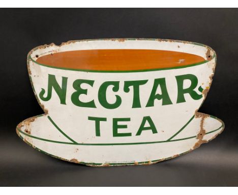 A Nectar Tea enamel sign in the shape of a teacup and saucer, by Patent Enamel, 21 x 12 1/2".
