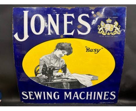 A Jones' Sewing Machines pictorial enamel sign by Patent Enamel, in good condition, 34 x 32".