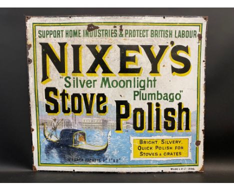 A very rare pictorial enamel sign advertising Nixey's 'Silver Moonlight Plumbago' Stove Polish, by Willing &amp; Co. Ltd., 25