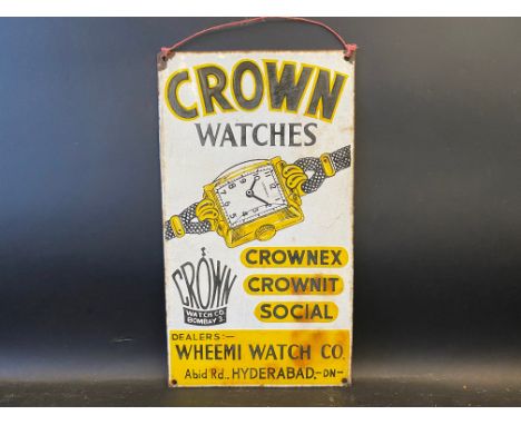 A small Indian enamel sign advertising Crown Watches, 9 x 16".