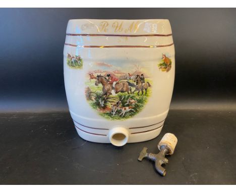 A Rum spirit barrel with tap, decorated with a hunting scene, 10 1/2" h.