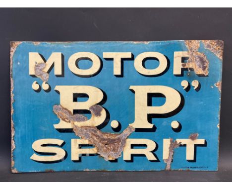 An early BP Motor Spirit double sided enamel sign lacking hanging flange, made by Bruton of Palmers Green, pale blue version,