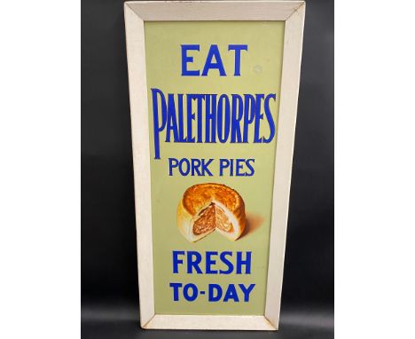 A rare Palethorpes Pork Pies pictorial enamel sign in painted wooden frame, superb near mint condition, one very small spot r