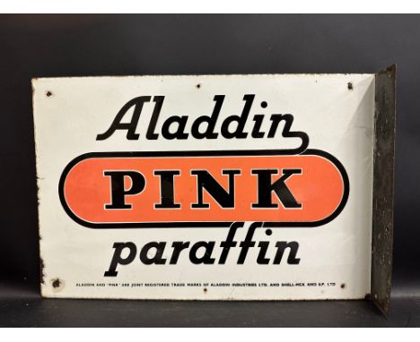 An Aladdin Pink Paraffin double sided enamel sign with hanging flange, 21 x 14".