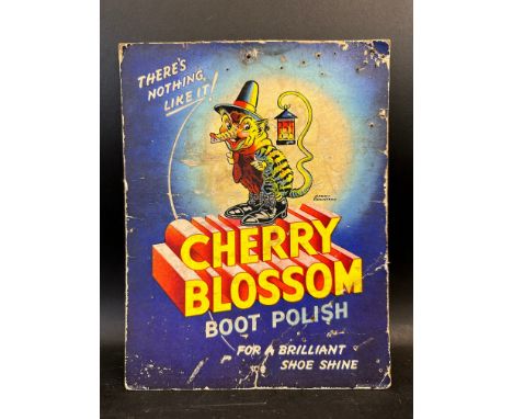 A Cherry Blossom Boot polish pictorial showcard depicting an elephant carrying a lantern with its tail, whilst wearing a hat 