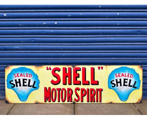 A contemporary and decorative painting on board in the style of an enamel sign advertising Shell Motor Spirit, 55 x 15 1/2".