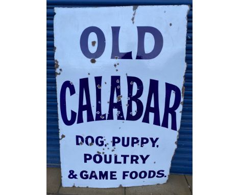 A large enamel sign advertising Old Calabar Dog, Puppy, Poultry &amp; Game Foods, good gloss to the lettering, 38 1/2 x 60".