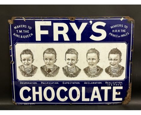 A Fry's Chocolate 'Five Boys' pictorial enamel sign by Chromo, in good condition, 30 x 22". 