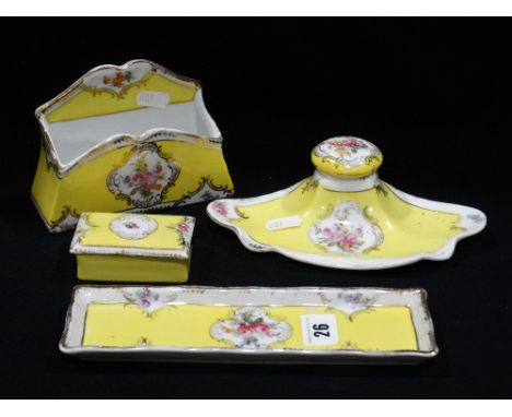 A Continental China Four Piece Desk Set Of Inkwell, Pen Tray, Stamp Box & Letter Rack