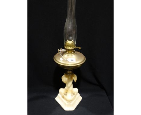 An Alabaster Based Oil Lamp With Brass Reservoir, Together With An Etched Glass Shade