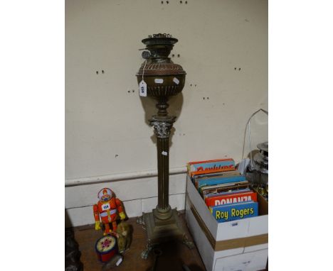 A Square Based Brass Column Oil Lamp, 31" High