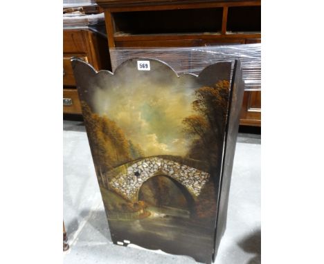 A Victorian Papier Mache, Three Panel Fire Screen, Finely Decorated With A Painted Panel Of Woodland & River View, With Mothe