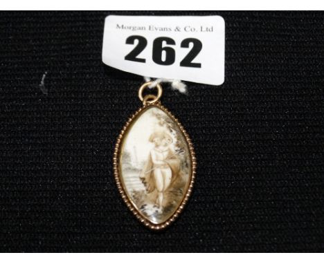 An Early 19th Century Gold Encased Pendant With Painted Portrait Of A Boy At A Rivers Edge