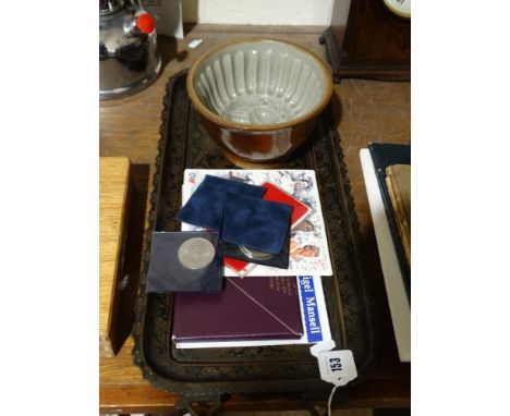 An Indian Brass Two Handled Serving Tray, Together With A Stoneware Mould Etc