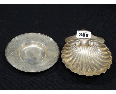 A Silver Scallop Shell Butter Dish, Together With A Circular Silver Pin Tray