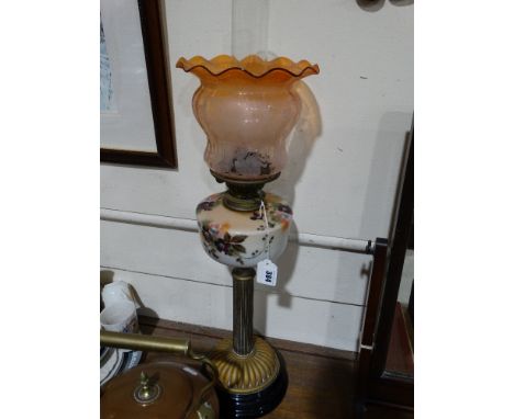 A Circular Based Brass Column Oil Lamp With Milk Glass Reservoir & Coloured Etched Shade