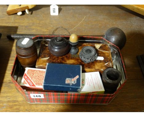 A Biscuit Tin Of Collectables, Including Treen & Playing Card Sets